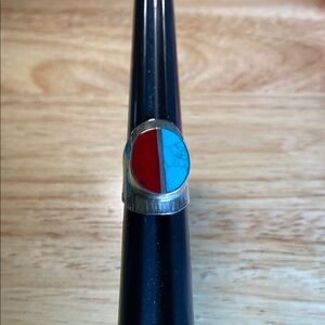 Red Coral and Turquoise Inlay Silver Ring 925